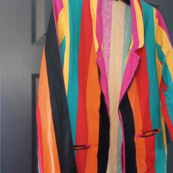 80s Jungle Jacket Retro Striped Open Face Blazer Vibrant Rainbow Aesthetic  VTG - Picture 3 of 8